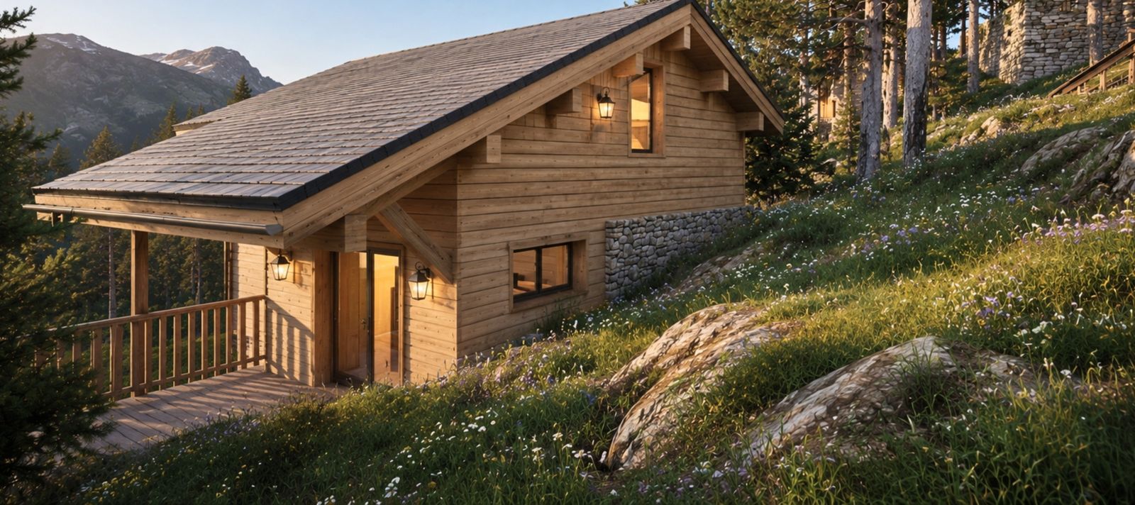 Chalet pierre et bois dans la prairie fleurie, vue sur les montagnes — lotissement Les Isards à Égat