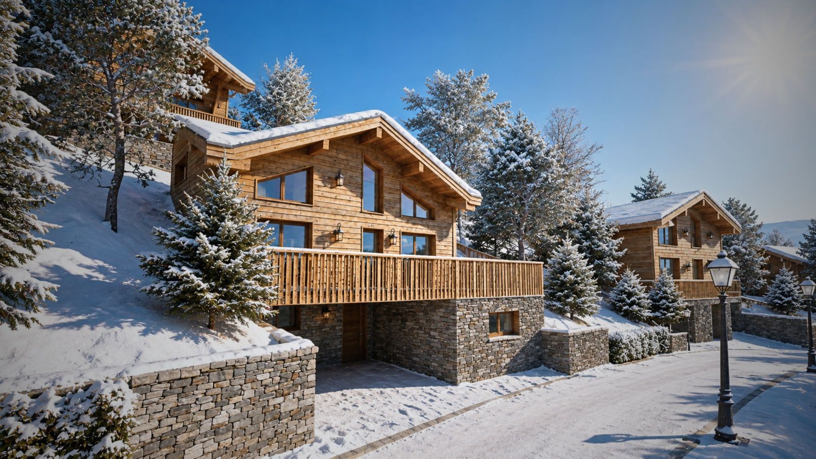 Chalet en madriers et soubassement en pierre sous la neige à Égat