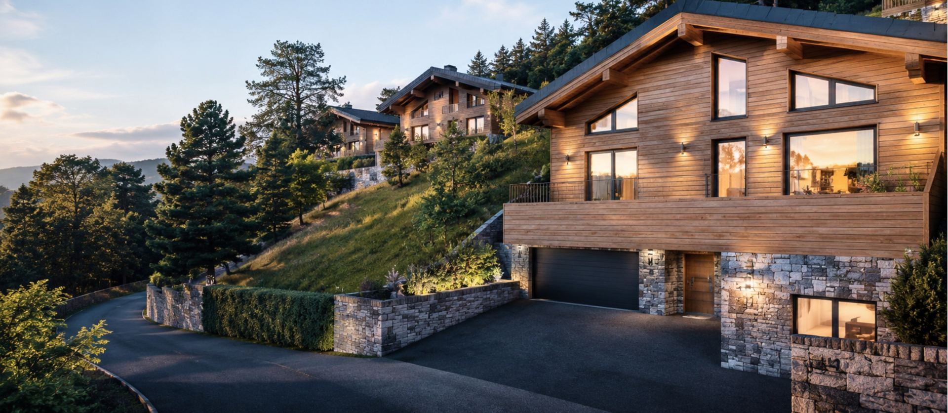 Chalet contemporain bois et pierre au crépuscule, lotissement Les Isards