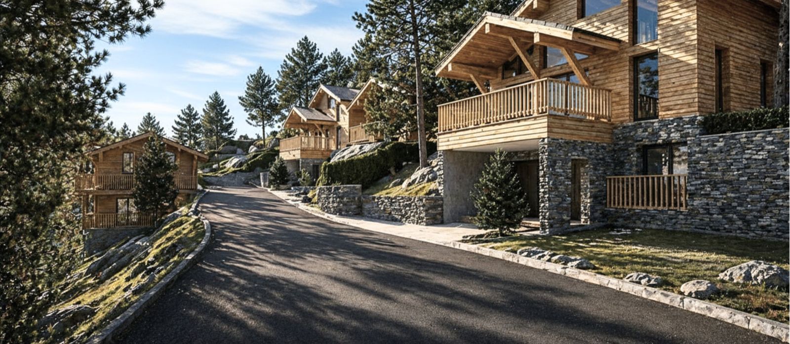 Voie intérieure du lotissement Les Isards bordée de chalets en été
