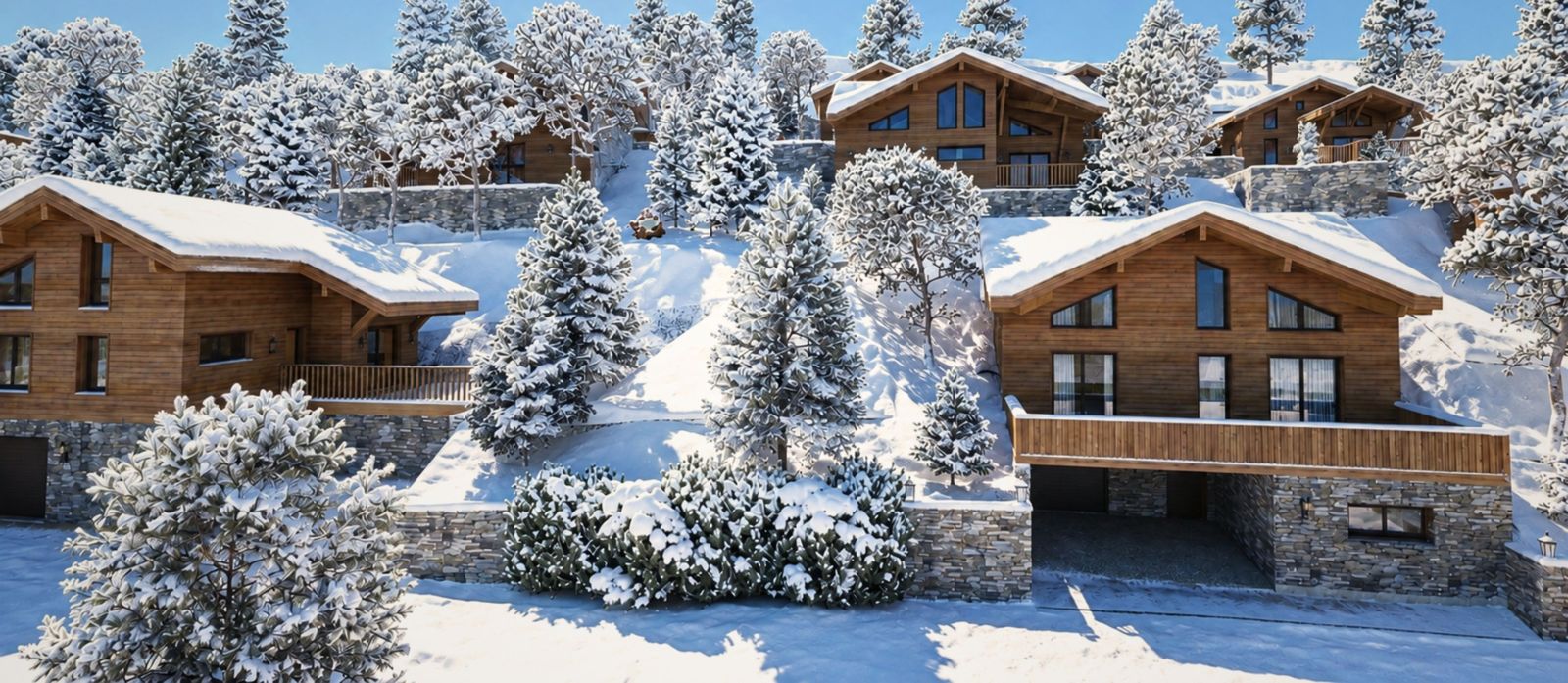 Les chalets du lotissement Les Isards sous la neige à Égat, en Cerdagne