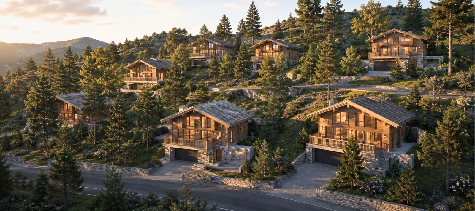 Vue aérienne du hameau de chalets Les Isards au coucher du soleil